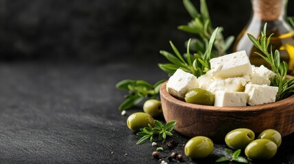 A beautiful arrangement of feta cheese cubes, green olives, and fresh herbs, capturing the essence of Mediterranean cuisine and healthy eating.