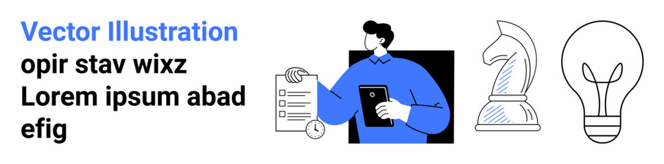 Man holding tablet with checklist, accompanied by a chess knight and light bulb. Ideal for strategy, planning, business growth, innovation, productivity, decision-making, simple landing page