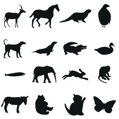 Collection of diverse animal silhouettes on white background