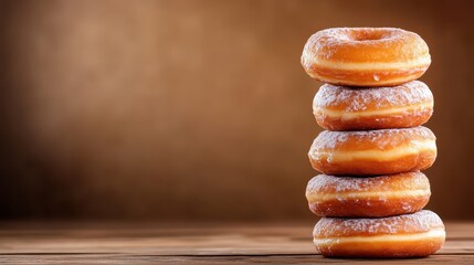 A tantalizing stack of sugar-dusted donuts sits invitingly on a rustic wooden table, offering a sweet treat that evokes nostalgia and delight in every bite.