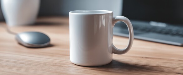 The white coffee mug on a minimalist wooden desk in a modern office setting.