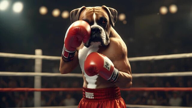boxer dog in the ring delivers a quick punch