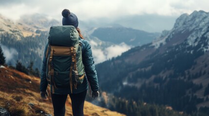 Obraz premium Hiker gazes at breathtaking mountain landscape during a cloudy afternoon hike in the wilderness
