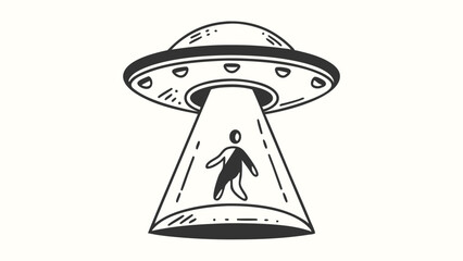 Monochrome Doodle Style Alien Abduction, UFO with Beam and Silhouette Figure, Isolated