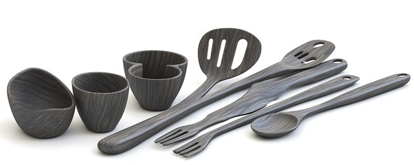 Intricately designed wooden cooking utensils in shades of charcoal, set on a white background