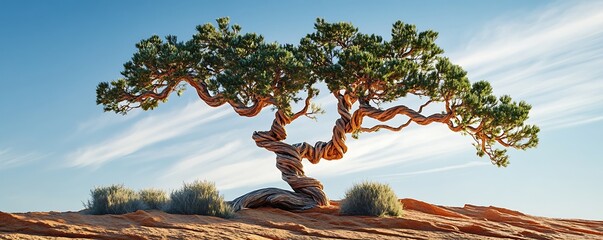 Juniper tree with unique twisted branches against a desert backdrop