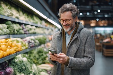Happy Man Using Smartphone Checklist While Shopping in Supermarket