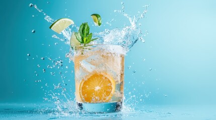 A refreshing cocktail featuring citrus fruits splashing in a glass with ice and mint leaves, beautifully depicting summer vibes, refreshment, and vitality in a bright atmosphere.