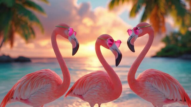 portrait of three pink flamingos, dancing to music, shaking their heads, at sunset on a tropical island