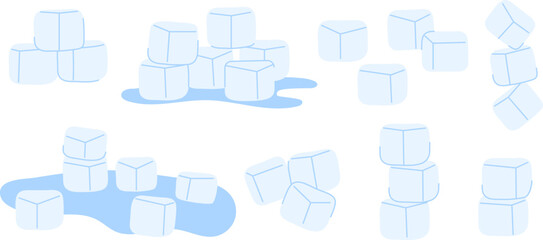 Cooling Ice Cube Vector Set. Various blue solid water crystals in stacks and melting