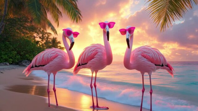 three pink flamingos stand on the ocean shore, surf rolls waves onto the shore, at sunset on a tropical island,