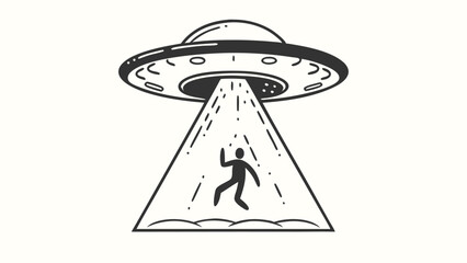 UFO Beam Abduction Silhouette Isolated Man, Alien Spaceship, Light Rays, Black and White