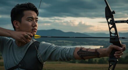 Archer Aiming with Bow and Arrow in Outdoor Setting