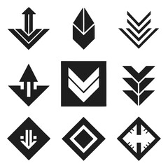 Collection of Abstract Black and White Arrow Designs on Black Background