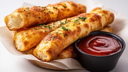 A tempting serving of crispy cheese sticks garnished with herbs, presented with a side of tangy dipping sauce, embodying the essence of indulgent comfort food.