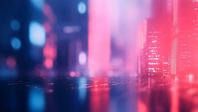 Blurred cityscape background with light trails moving quickly, creating a motion blur effect. Abstract, blurry urban street scene. Concept of dynamic movement in the metropolis.