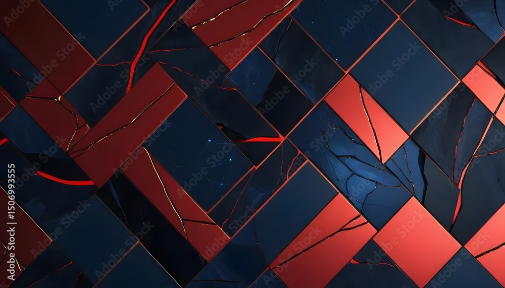 Poster abstract geometric pattern with red and dark blue squares and glowing lines in a diagonal layout