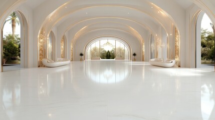 This beautiful space features elegant white interiors with arched architecture, creating a serene atmosphere perfect for modern living or artistic events and gatherings.