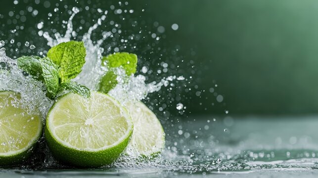 Vivid limes and fresh mint leaves create a refreshing splash in water, symbolizing vitality and summer enjoyment, perfect for beverages or culinary presentations.
