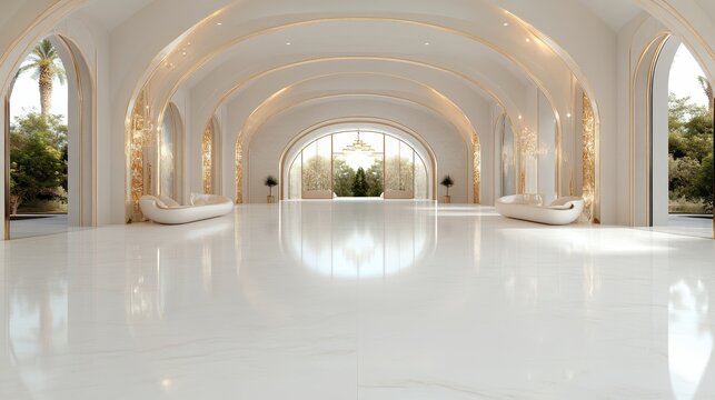 This beautiful space features elegant white interiors with arched architecture, creating a serene atmosphere perfect for modern living or artistic events and gatherings.