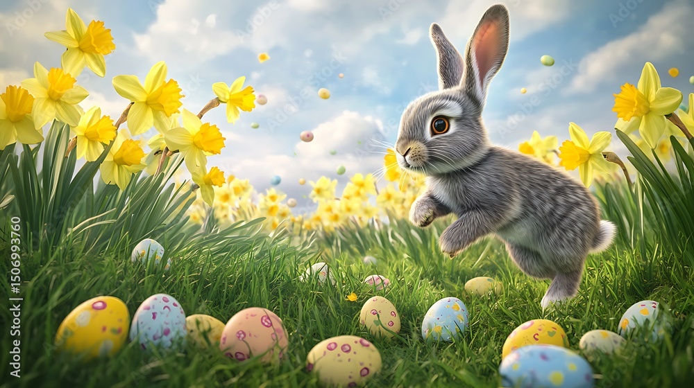 Fototapete a playful bunny hopping through a field of yellow daffodils with scattered easter eggs in the grass