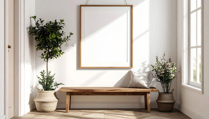 a blank frame for wall decor mockup, a wooden bench, and two plants enhance a bright, natural interior space. 