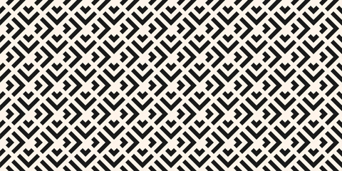 Stylish vector geometric seamless pattern with lines, squares, triangles, arrows, grid, lattice, tiles. Abstract modern black and white ornament. Simple monochrome background texture. Repeated design