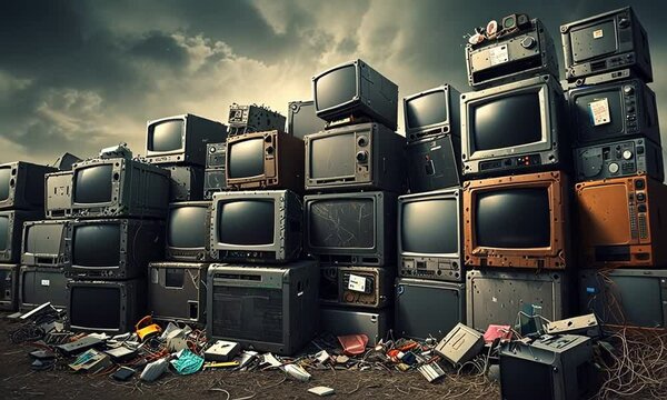 Electronic waste, piles of broken TVs.