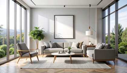 Fototapeta premium A modern living room with large windows offering stunning views, filled with natural light. A blank frame for wall decor mockup