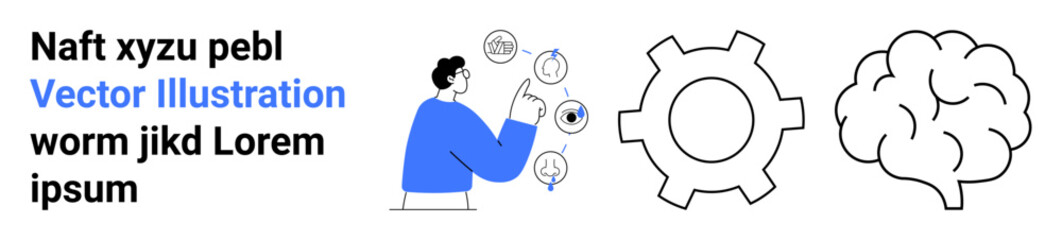 Individual points to circular icons, flanked by a gear and brain shape. Ideal for tech, brainstorming, creativity, workflow, cognitive science, problem-solving, and simple landing page
