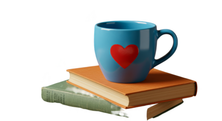 3d Illustration Blue Mug with Heart on Books Stack on Transparent Background