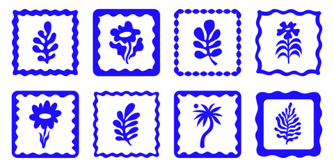 Fototapeta na wymiar Vector hand drawn graphics, print design templates, summer and vacation theme, tropical illustrations, frames and borders in simple trendy naive cut out style with mosaic holiday floral illustrations