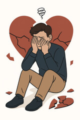 Heartbroken man sitting alone covering face. Broken heart symbol. Depression sadness grief concept. Emotional pain breakup divorce separation. Mental health illustration vector
