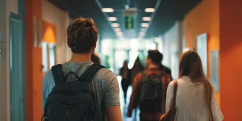 College Students Walking in Hallway from Rear View