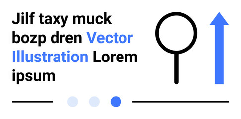 Magnifying glass and upward arrow alongside abstract elements thumbs up text blocks and progress indicators. Ideal for search, growth, analytics, technology, exploration, progress, simple landing