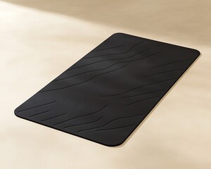Matte black yoga mat with subtle linear patterns isolated on a neutral beige surface
