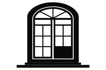Black silhouette of arched window frame, paneled design with a base trim