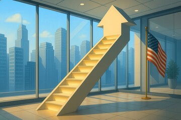 Obraz premium Upward Arrow Staircase in Office with American Flag and City View