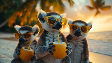group of three lemur friends relaxing on the beach, drinking coconut milk, tropical sunset background