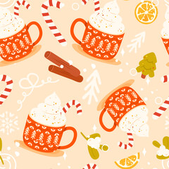 Cozy Christmas seamless pattern with candy cane, Christmas tree, mistletoe, coffee mug, cinnamon sticks, bow, orange fruit. Perfect for gift wrapping paper, packaging design, background, wallpaper etc