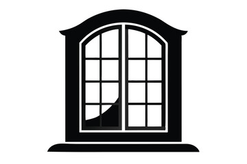 Black Silhouette Illustration of an Arched Mullioned Window with Pane Divisions and Base