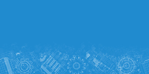 Mechanical engineering drawings on blue background. Cutting tools, milling cutter. Technical Design. Cover. Blueprint. Horizontal seamless pattern. Vector illustration.