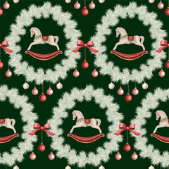 Rocking horse in the wreath, Christmas ball seamless pattern. Holiday decoration wallpaper.