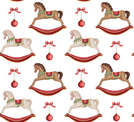 Rocking horse, Christmas ball seamless pattern. Christmas holiday wallpaper.	
