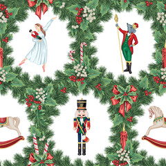 Christmas nutcracker, ballerina, mouse king, rocking horse in the fir wreath, candy cane, , candle, mistletoe, bow seamless pattern. Holiday decoration wallpaper.