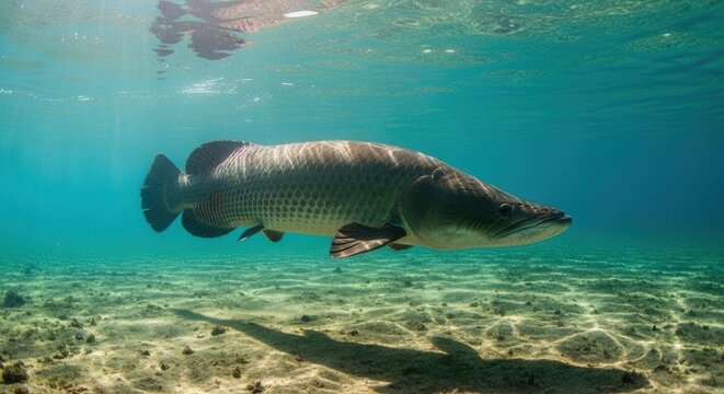 Underwater arapaima pirarucu fish swimming in clear water river wildlife photography amazon basin river fish