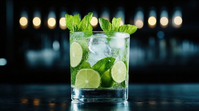 A crisp, refreshing mojito cocktail served with vibrant lime slices and fresh mint leaves, ideal for a relaxing drink on a sunny day or for social gatherings.