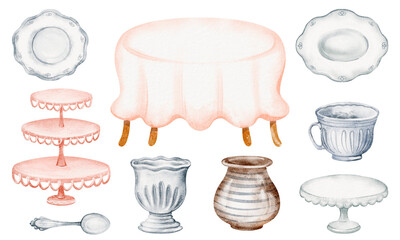 Hand-drawn watercolor illustration of kitchen utensils, tableware, and cookware. Includes plates, cups, cutlery, trays, and glassware. Isolated objects for home, cafe, or restaurant design.
