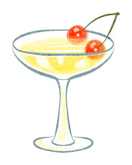 Hand drawn watercolor illustration of a cocktail with cherry in a glass. Isolated object on white background. Suitable for menu design, stickers, and print projects.