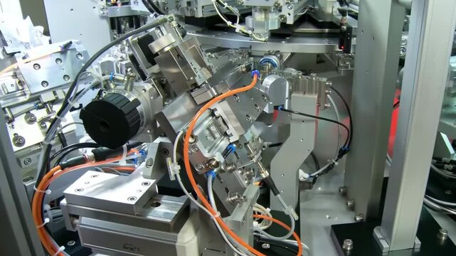 The hi-technology material handing process in by Advanced robotic arms in automated assembly line, showcasing modern manufacturing technology and precision engineering